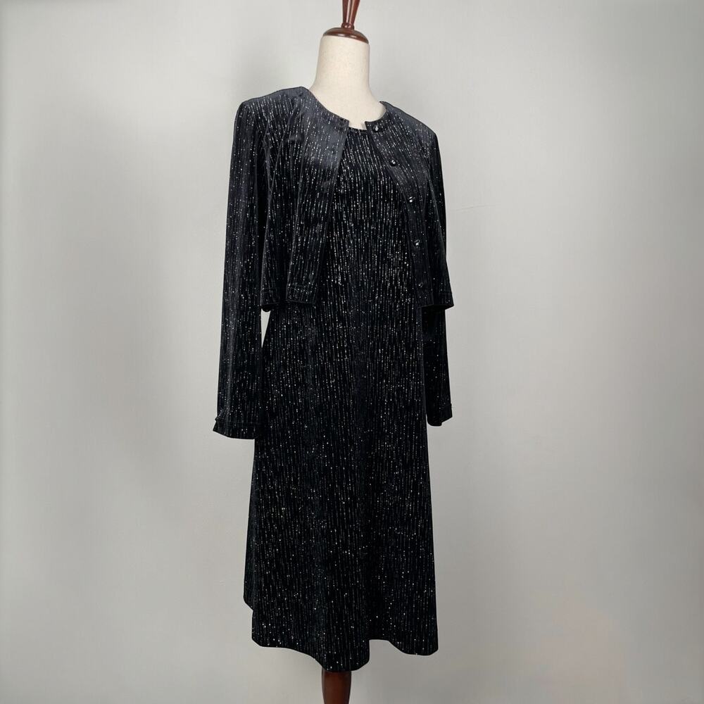 90s VTG Ronni Nicole 2-Pc Velvet Evening Dress w/ Jacket Black Glitter Sparkly
